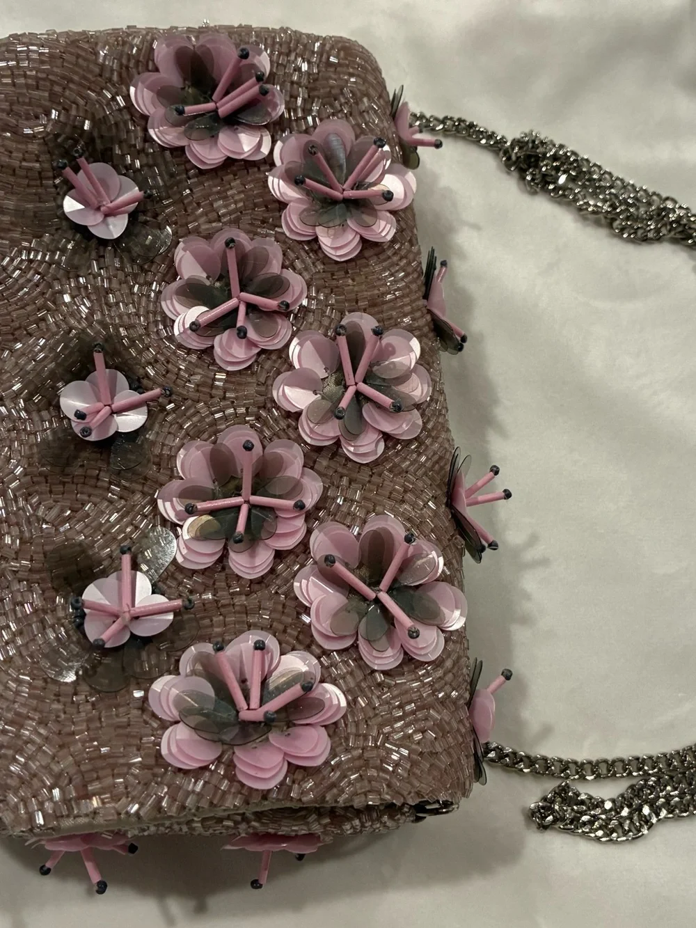 Beaded Floral Clutch Taupe/Pink Silver Chain Strap Snap Lined